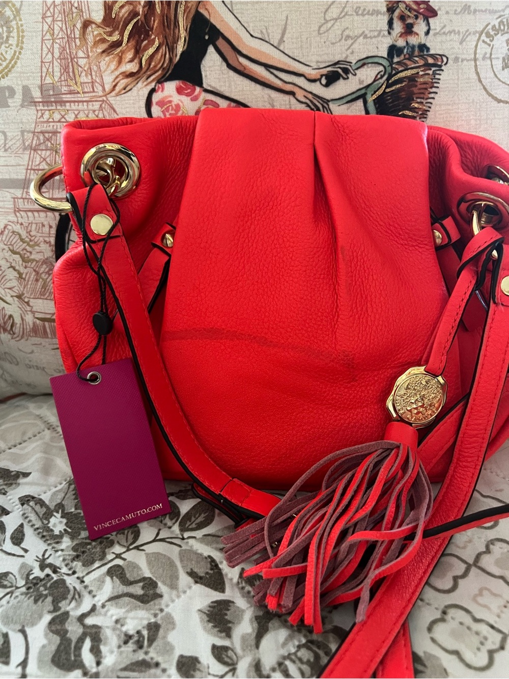 Vince Camuto Vibrant Red Leather Tassel Shoulder Bag
